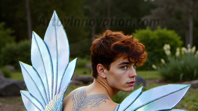 Brought to life through AI, Capturing the Pristine and Elusive Male Fairy. Imagine a realm where handsome shirtless men & boys possess enormous, shimmering crystal wings, vibrant and radiant, capturing and reflecting the light of the environment in a mesmerizing way, and adding a touch of mystery to their intense visage. Outdoors in a fantasy mysterious enchanted realm.