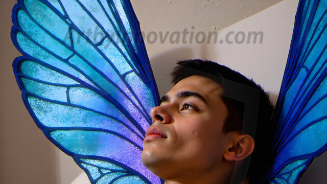 Brought to life through AI, Capturing the Pristine and Elusive Male Fairy. Imagine a realm where handsome shirtless men & boys possess enormous, shimmering crystal wings, vibrant and radiant, capturing and reflecting the light of the environment in a mesmerizing way, and adding a touch of mystery to their intense visage. Outdoors in a fantasy mysterious enchanted realm.