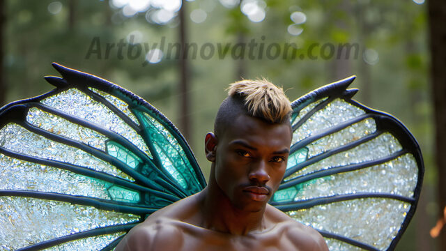Brought to life through AI, Capturing the Pristine and Elusive Male Fairy. Imagine a realm where handsome shirtless men & boys possess enormous, shimmering crystal wings, vibrant and radiant, capturing and reflecting the light of the environment in a mesmerizing way, and adding a touch of mystery to their intense visage. Outdoors in a fantasy mysterious enchanted realm.