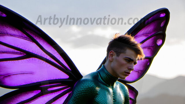 Brought to life through AI, Capturing the Pristine and Elusive Male Fairy. Imagine a realm where handsome shirtless men & boys possess enormous, shimmering crystal wings, vibrant and radiant, capturing and reflecting the light of the environment in a mesmerizing way, and adding a touch of mystery to their intense visage. Outdoors in a fantasy mysterious enchanted realm.