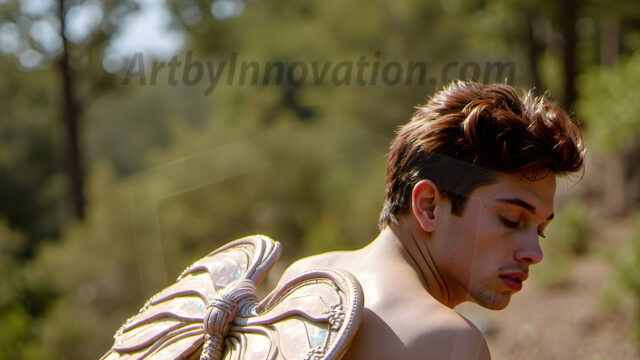 Brought to life through AI, Capturing the Pristine and Elusive Male Fairy. Imagine a realm where handsome shirtless men & boys possess enormous, shimmering crystal wings, vibrant and radiant, capturing and reflecting the light of the environment in a mesmerizing way, and adding a touch of mystery to their intense visage. Outdoors in a fantasy mysterious enchanted realm.