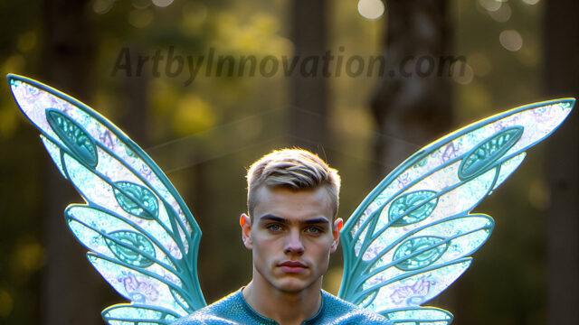 Brought to life through AI, Capturing the Pristine and Elusive Male Fairy. Imagine a realm where handsome shirtless men & boys possess enormous, shimmering crystal wings, vibrant and radiant, capturing and reflecting the light of the environment in a mesmerizing way, and adding a touch of mystery to their intense visage. Outdoors in a fantasy mysterious enchanted realm.