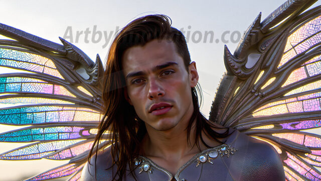 Brought to life through AI, Capturing the Pristine and Elusive Male Fairy. Imagine a realm where handsome shirtless men & boys possess enormous, shimmering crystal wings, vibrant and radiant, capturing and reflecting the light of the environment in a mesmerizing way, and adding a touch of mystery to their intense visage. Outdoors in a fantasy mysterious enchanted realm.