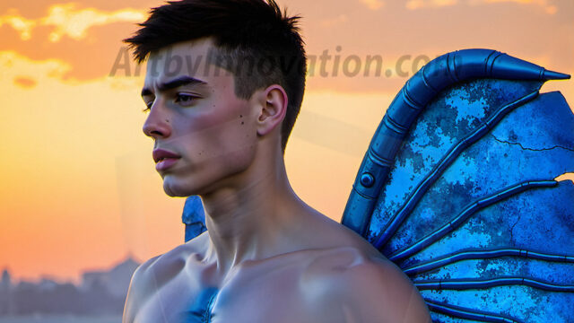 Brought to life through AI, Capturing the Pristine and Elusive Male Fairy. Imagine a realm where handsome shirtless men & boys possess enormous, shimmering crystal wings, vibrant and radiant, capturing and reflecting the light of the environment in a mesmerizing way, and adding a touch of mystery to their intense visage. Outdoors in a fantasy mysterious enchanted realm.