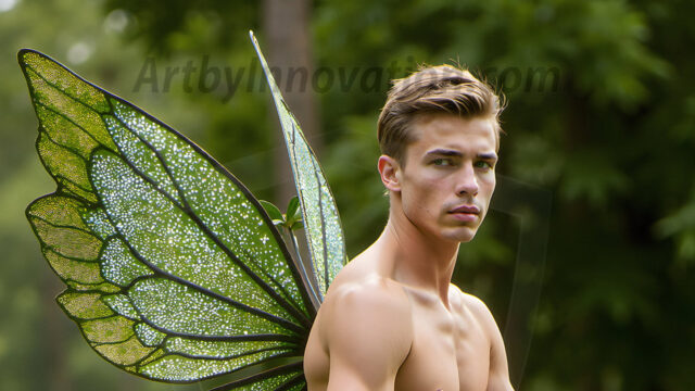 Brought to life through AI, Capturing the Pristine and Elusive Male Fairy. Imagine a realm where handsome shirtless men & boys possess enormous, shimmering crystal wings, vibrant and radiant, capturing and reflecting the light of the environment in a mesmerizing way, and adding a touch of mystery to their intense visage. Outdoors in a fantasy mysterious enchanted realm.