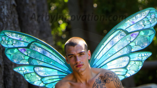 Brought to life through AI, Capturing the Pristine and Elusive Male Fairy. Imagine a realm where handsome shirtless men & boys possess enormous, shimmering crystal wings, vibrant and radiant, capturing and reflecting the light of the environment in a mesmerizing way, and adding a touch of mystery to their intense visage. Outdoors in a fantasy mysterious enchanted realm.