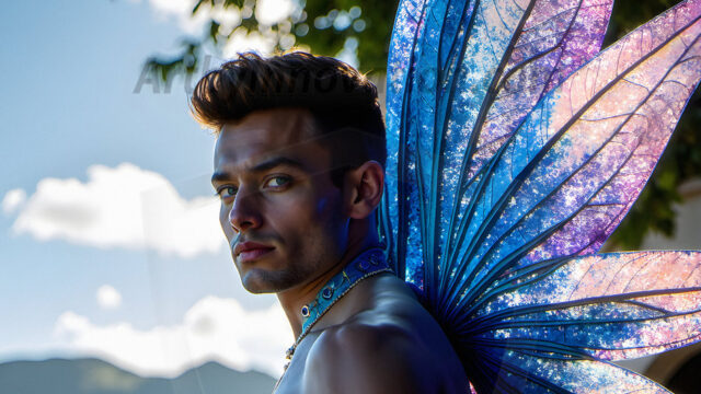 Brought to life through AI, Capturing the Pristine and Elusive Male Fairy. Imagine a realm where handsome shirtless men & boys possess enormous, shimmering crystal wings, vibrant and radiant, capturing and reflecting the light of the environment in a mesmerizing way, and adding a touch of mystery to their intense visage. Outdoors in a fantasy mysterious enchanted realm.
