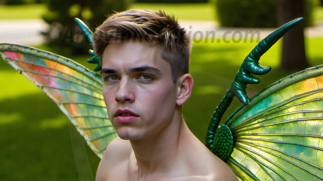 Brought to life through AI, Capturing the Pristine and Elusive Male Fairy. Imagine a realm where handsome shirtless men & boys possess enormous, shimmering crystal wings, vibrant and radiant, capturing and reflecting the light of the environment in a mesmerizing way, and adding a touch of mystery to their intense visage. Outdoors in a fantasy mysterious enchanted realm.