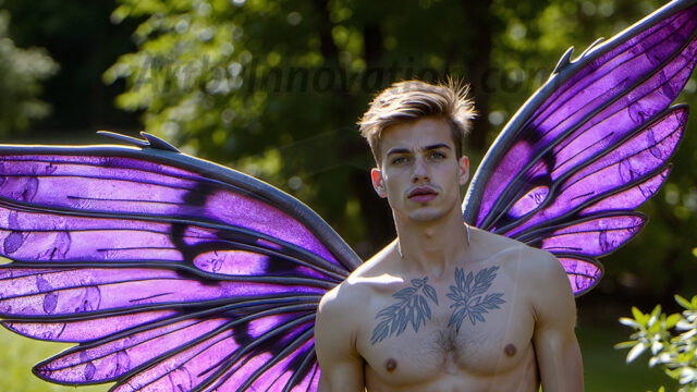 Brought to life through AI, Capturing the Pristine and Elusive Male Fairy. Imagine a realm where handsome shirtless men & boys possess enormous, shimmering crystal wings, vibrant and radiant, capturing and reflecting the light of the environment in a mesmerizing way, and adding a touch of mystery to their intense visage. Outdoors in a fantasy mysterious enchanted realm.