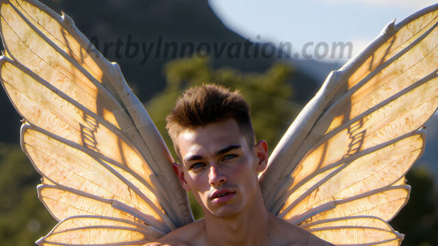 Brought to life through AI, Capturing the Pristine and Elusive Male Fairy. Imagine a realm where handsome shirtless men & boys possess enormous, shimmering crystal wings, vibrant and radiant, capturing and reflecting the light of the environment in a mesmerizing way, and adding a touch of mystery to their intense visage. Outdoors in a fantasy mysterious enchanted realm.