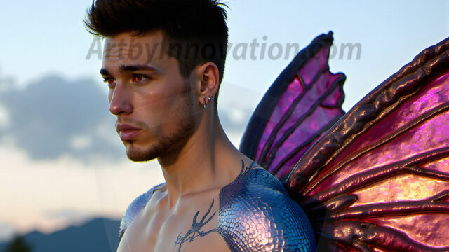 Brought to life through AI, Capturing the Pristine and Elusive Male Fairy. Imagine a realm where handsome shirtless men & boys possess enormous, shimmering crystal wings, vibrant and radiant, capturing and reflecting the light of the environment in a mesmerizing way, and adding a touch of mystery to their intense visage. Outdoors in a fantasy mysterious enchanted realm.