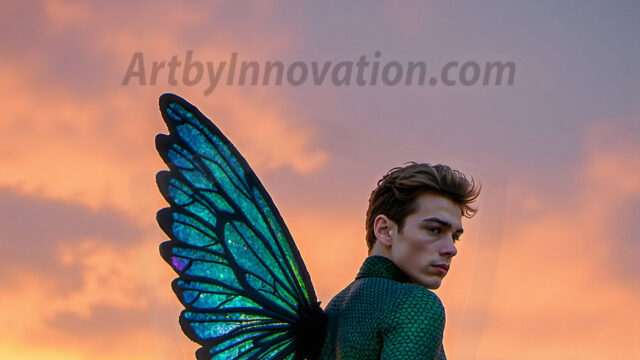 Brought to life through AI, Capturing the Pristine and Elusive Male Fairy. Imagine a realm where handsome shirtless men & boys possess enormous, shimmering crystal wings, vibrant and radiant, capturing and reflecting the light of the environment in a mesmerizing way, and adding a touch of mystery to their intense visage. Outdoors in a fantasy mysterious enchanted realm.