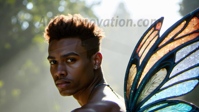Brought to life through AI, Capturing the Pristine and Elusive Male Fairy. Imagine a realm where handsome shirtless men & boys possess enormous, shimmering crystal wings, vibrant and radiant, capturing and reflecting the light of the environment in a mesmerizing way, and adding a touch of mystery to their intense visage. Outdoors in a fantasy mysterious enchanted realm.