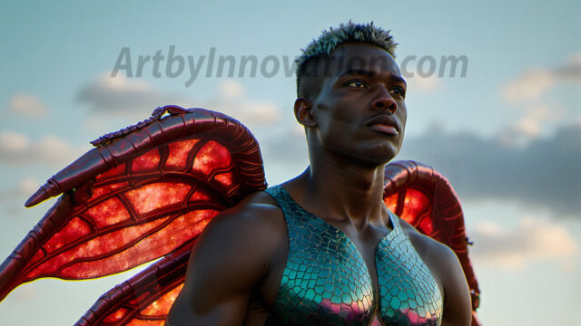 Brought to life through AI, Capturing the Pristine and Elusive Male Fairy. Imagine a realm where handsome shirtless men & boys possess enormous, shimmering crystal wings, vibrant and radiant, capturing and reflecting the light of the environment in a mesmerizing way, and adding a touch of mystery to their intense visage. Outdoors in a fantasy mysterious enchanted realm.