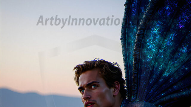 Brought to life through AI, Capturing the Pristine and Elusive Male Fairy. Imagine a realm where handsome shirtless men & boys possess enormous, shimmering crystal wings, vibrant and radiant, capturing and reflecting the light of the environment in a mesmerizing way, and adding a touch of mystery to their intense visage. Outdoors in a fantasy mysterious enchanted realm.