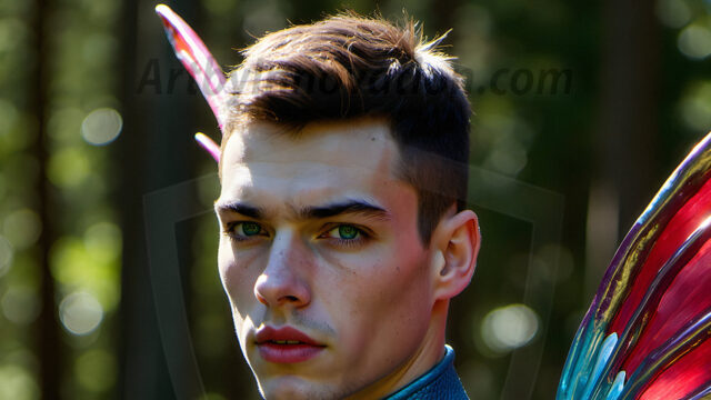 Brought to life through AI, Capturing the Pristine and Elusive Male Fairy. Imagine a realm where handsome shirtless men & boys possess enormous, shimmering crystal wings, vibrant and radiant, capturing and reflecting the light of the environment in a mesmerizing way, and adding a touch of mystery to their intense visage. Outdoors in a fantasy mysterious enchanted realm.