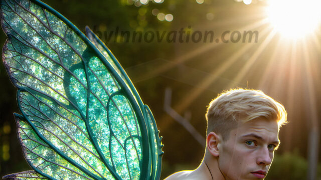 Brought to life through AI, Capturing the Pristine and Elusive Male Fairy. Imagine a realm where handsome shirtless men & boys possess enormous, shimmering crystal wings, vibrant and radiant, capturing and reflecting the light of the environment in a mesmerizing way, and adding a touch of mystery to their intense visage. Outdoors in a fantasy mysterious enchanted realm.
