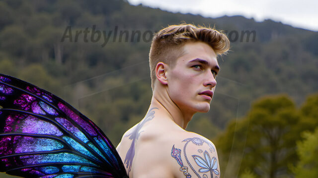 Brought to life through AI, Capturing the Pristine and Elusive Male Fairy. Imagine a realm where handsome shirtless men & boys possess enormous, shimmering crystal wings, vibrant and radiant, capturing and reflecting the light of the environment in a mesmerizing way, and adding a touch of mystery to their intense visage. Outdoors in a fantasy mysterious enchanted realm.