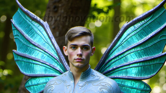 Brought to life through AI, Capturing the Pristine and Elusive Male Fairy. Imagine a realm where handsome shirtless men & boys possess enormous, shimmering crystal wings, vibrant and radiant, capturing and reflecting the light of the environment in a mesmerizing way, and adding a touch of mystery to their intense visage. Outdoors in a fantasy mysterious enchanted realm.