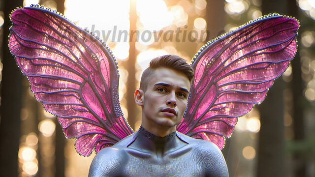 Brought to life through AI, Capturing the Pristine and Elusive Male Fairy. Imagine a realm where handsome shirtless men & boys possess enormous, shimmering crystal wings, vibrant and radiant, capturing and reflecting the light of the environment in a mesmerizing way, and adding a touch of mystery to their intense visage. Outdoors in a fantasy mysterious enchanted realm.