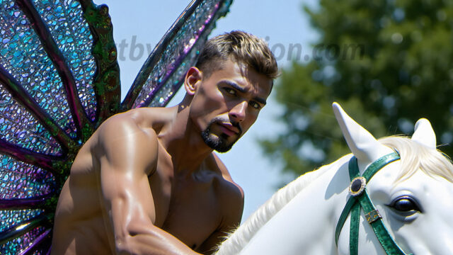 Brought to life through AI, Capturing the Pristine and Elusive Male Fairy. Imagine a realm where handsome shirtless men & boys possess enormous, shimmering crystal wings, vibrant and radiant, capturing and reflecting the light of the environment in a mesmerizing way, and adding a touch of mystery to their intense visage. Outdoors in a fantasy mysterious enchanted realm.