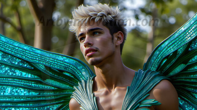 Brought to life through AI, Capturing the Pristine and Elusive Male Fairy. Imagine a realm where handsome shirtless men & boys possess enormous, shimmering crystal wings, vibrant and radiant, capturing and reflecting the light of the environment in a mesmerizing way, and adding a touch of mystery to their intense visage. Outdoors in a fantasy mysterious enchanted realm.