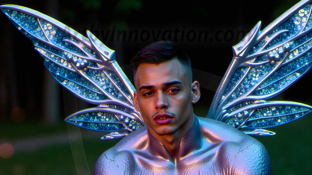Brought to life through AI, Capturing the Pristine and Elusive Male Fairy. Imagine a realm where handsome shirtless men & boys possess enormous, shimmering crystal wings, vibrant and radiant, capturing and reflecting the light of the environment in a mesmerizing way, and adding a touch of mystery to their intense visage. Outdoors in a fantasy mysterious enchanted realm.