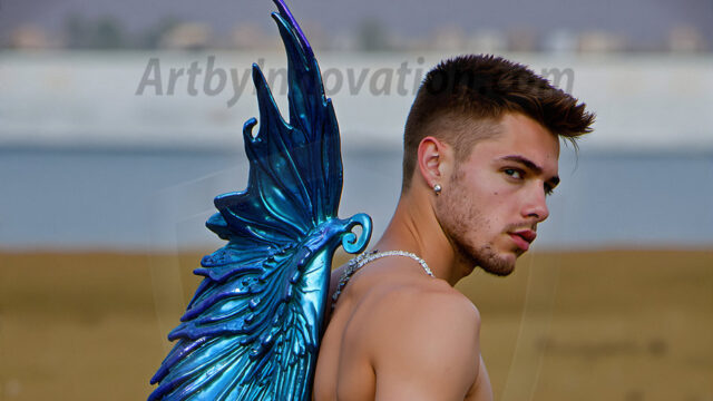 Brought to life through AI, Capturing the Pristine and Elusive Male Fairy. Imagine a realm where handsome shirtless men & boys possess enormous, shimmering crystal wings, vibrant and radiant, capturing and reflecting the light of the environment in a mesmerizing way, and adding a touch of mystery to their intense visage. Outdoors in a fantasy mysterious enchanted realm.