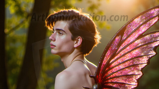 Brought to life through AI, Capturing the Pristine and Elusive Male Fairy. Imagine a realm where handsome shirtless men & boys possess enormous, shimmering crystal wings, vibrant and radiant, capturing and reflecting the light of the environment in a mesmerizing way, and adding a touch of mystery to their intense visage. Outdoors in a fantasy mysterious enchanted realm.