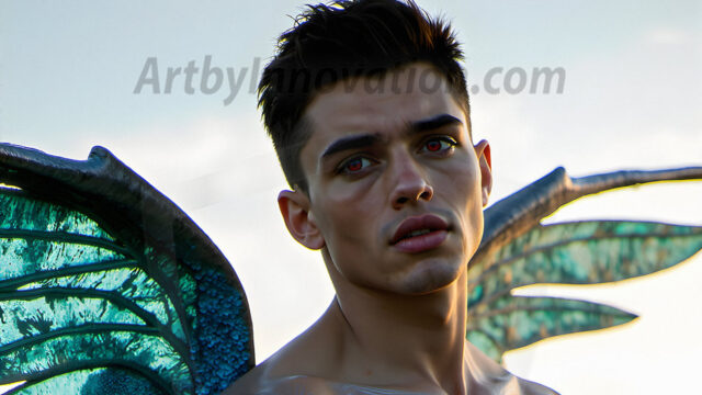 Brought to life through AI, Capturing the Pristine and Elusive Male Fairy. Imagine a realm where handsome shirtless men & boys possess enormous, shimmering crystal wings, vibrant and radiant, capturing and reflecting the light of the environment in a mesmerizing way, and adding a touch of mystery to their intense visage. Outdoors in a fantasy mysterious enchanted realm.