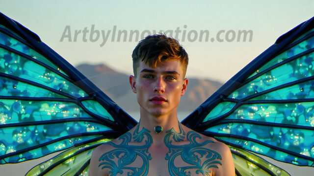 Brought to life through AI, Capturing the Pristine and Elusive Male Fairy. Imagine a realm where handsome shirtless men & boys possess enormous, shimmering crystal wings, vibrant and radiant, capturing and reflecting the light of the environment in a mesmerizing way, and adding a touch of mystery to their intense visage. Outdoors in a fantasy mysterious enchanted realm.
