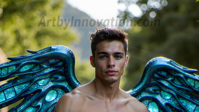 Brought to life through AI, Capturing the Pristine and Elusive Male Fairy. Imagine a realm where handsome shirtless men & boys possess enormous, shimmering crystal wings, vibrant and radiant, capturing and reflecting the light of the environment in a mesmerizing way, and adding a touch of mystery to their intense visage. Outdoors in a fantasy mysterious enchanted realm.