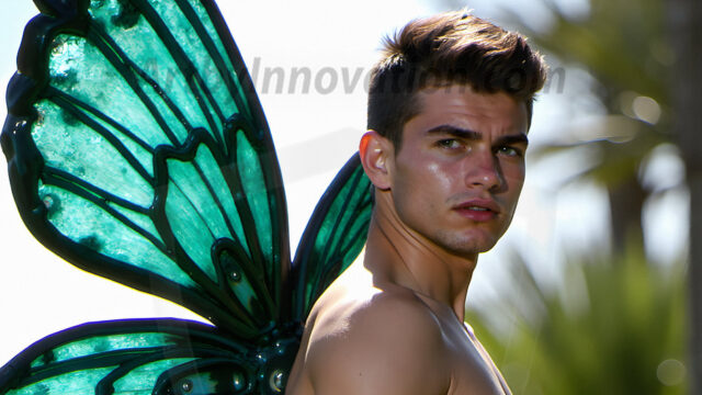 Brought to life through AI, Capturing the Pristine and Elusive Male Fairy. Imagine a realm where handsome shirtless men & boys possess enormous, shimmering crystal wings, vibrant and radiant, capturing and reflecting the light of the environment in a mesmerizing way, and adding a touch of mystery to their intense visage. Outdoors in a fantasy mysterious enchanted realm.