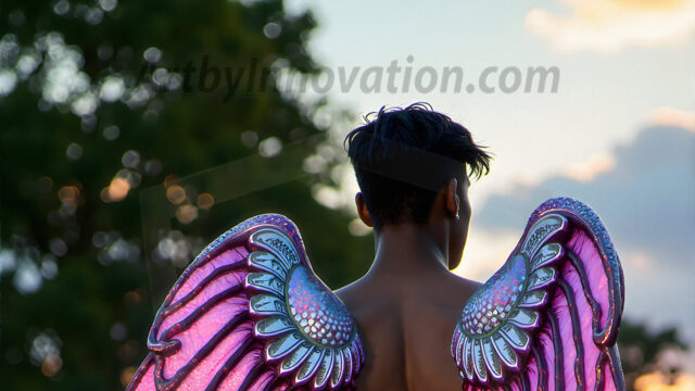 Brought to life through AI, Capturing the Pristine and Elusive Male Fairy. Imagine a realm where handsome shirtless men & boys possess enormous, shimmering crystal wings, vibrant and radiant, capturing and reflecting the light of the environment in a mesmerizing way, and adding a touch of mystery to their intense visage. Outdoors in a fantasy mysterious enchanted realm.