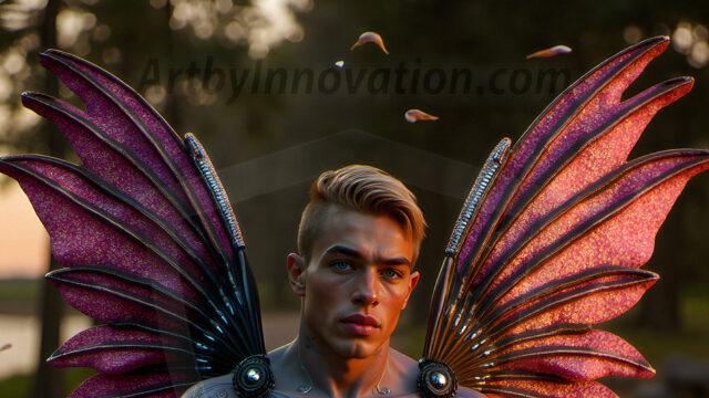 Brought to life through AI, Capturing the Pristine and Elusive Male Fairy. Imagine a realm where handsome shirtless men & boys possess enormous, shimmering crystal wings, vibrant and radiant, capturing and reflecting the light of the environment in a mesmerizing way, and adding a touch of mystery to their intense visage. Outdoors in a fantasy mysterious enchanted realm.
