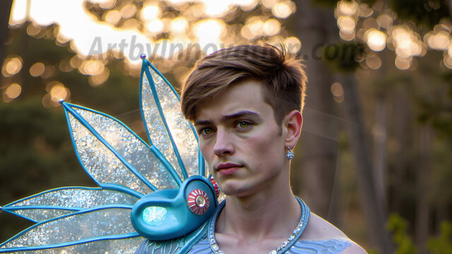 Brought to life through AI, Capturing the Pristine and Elusive Male Fairy. Imagine a realm where handsome shirtless men & boys possess enormous, shimmering crystal wings, vibrant and radiant, capturing and reflecting the light of the environment in a mesmerizing way, and adding a touch of mystery to their intense visage. Outdoors in a fantasy mysterious enchanted realm.