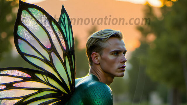 Brought to life through AI, Capturing the Pristine and Elusive Male Fairy. Imagine a realm where handsome shirtless men & boys possess enormous, shimmering crystal wings, vibrant and radiant, capturing and reflecting the light of the environment in a mesmerizing way, and adding a touch of mystery to their intense visage. Outdoors in a fantasy mysterious enchanted realm.