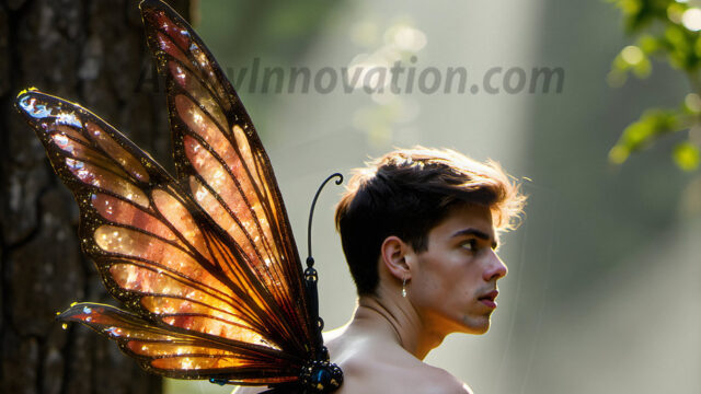 Brought to life through AI, Capturing the Pristine and Elusive Male Fairy. Imagine a realm where handsome shirtless men & boys possess enormous, shimmering crystal wings, vibrant and radiant, capturing and reflecting the light of the environment in a mesmerizing way, and adding a touch of mystery to their intense visage. Outdoors in a fantasy mysterious enchanted realm.