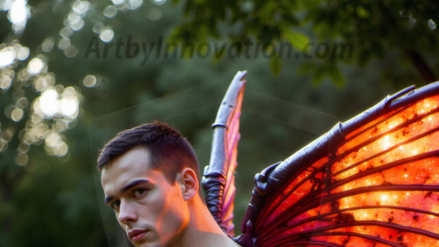 Brought to life through AI, Capturing the Pristine and Elusive Male Fairy. Imagine a realm where handsome shirtless men & boys possess enormous, shimmering crystal wings, vibrant and radiant, capturing and reflecting the light of the environment in a mesmerizing way, and adding a touch of mystery to their intense visage. Outdoors in a fantasy mysterious enchanted realm.