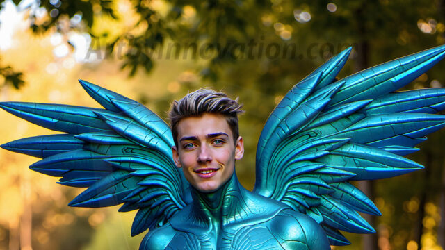 Brought to life through AI, Capturing the Pristine and Elusive Male Fairy. Imagine a realm where handsome shirtless men & boys possess enormous, shimmering crystal wings, vibrant and radiant, capturing and reflecting the light of the environment in a mesmerizing way, and adding a touch of mystery to their intense visage. Outdoors in a fantasy mysterious enchanted realm.