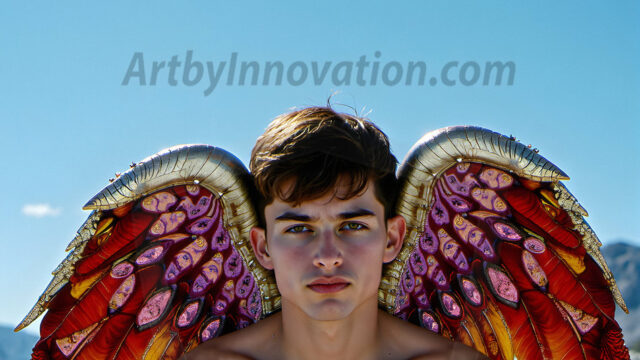 Brought to life through AI, Capturing the Pristine and Elusive Male Fairy. Imagine a realm where handsome shirtless men & boys possess enormous, shimmering crystal wings, vibrant and radiant, capturing and reflecting the light of the environment in a mesmerizing way, and adding a touch of mystery to their intense visage. Outdoors in a fantasy mysterious enchanted realm.