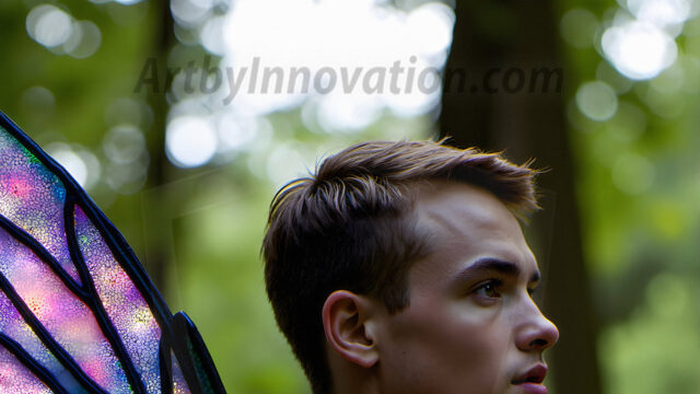 Brought to life through AI, Capturing the Pristine and Elusive Male Fairy. Imagine a realm where handsome shirtless men & boys possess enormous, shimmering crystal wings, vibrant and radiant, capturing and reflecting the light of the environment in a mesmerizing way, and adding a touch of mystery to their intense visage. Outdoors in a fantasy mysterious enchanted realm.