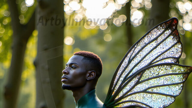 Brought to life through AI, Capturing the Pristine and Elusive Male Fairy. Imagine a realm where handsome shirtless men & boys possess enormous, shimmering crystal wings, vibrant and radiant, capturing and reflecting the light of the environment in a mesmerizing way, and adding a touch of mystery to their intense visage. Outdoors in a fantasy mysterious enchanted realm.