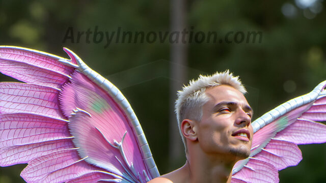 Brought to life through AI, Capturing the Pristine and Elusive Male Fairy. Imagine a realm where handsome shirtless men & boys possess enormous, shimmering crystal wings, vibrant and radiant, capturing and reflecting the light of the environment in a mesmerizing way, and adding a touch of mystery to their intense visage. Outdoors in a fantasy mysterious enchanted realm.