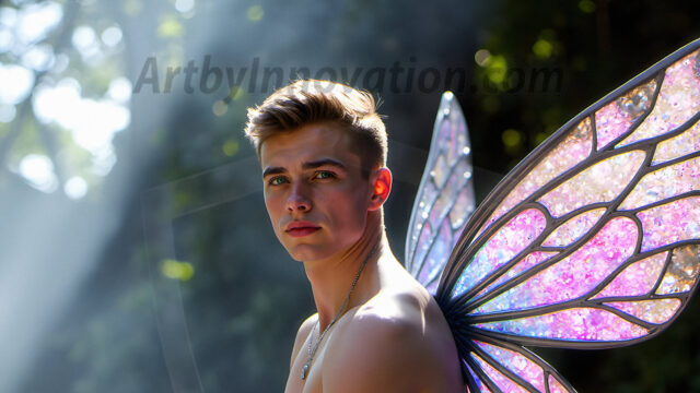 Brought to life through AI, Capturing the Pristine and Elusive Male Fairy. Imagine a realm where handsome shirtless men & boys possess enormous, shimmering crystal wings, vibrant and radiant, capturing and reflecting the light of the environment in a mesmerizing way, and adding a touch of mystery to their intense visage. Outdoors in a fantasy mysterious enchanted realm.
