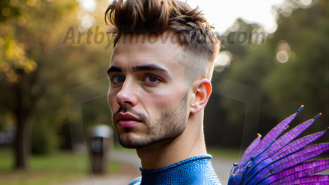 Brought to life through AI, Capturing the Pristine and Elusive Male Fairy. Imagine a realm where handsome shirtless men & boys possess enormous, shimmering crystal wings, vibrant and radiant, capturing and reflecting the light of the environment in a mesmerizing way, and adding a touch of mystery to their intense visage. Outdoors in a fantasy mysterious enchanted realm.