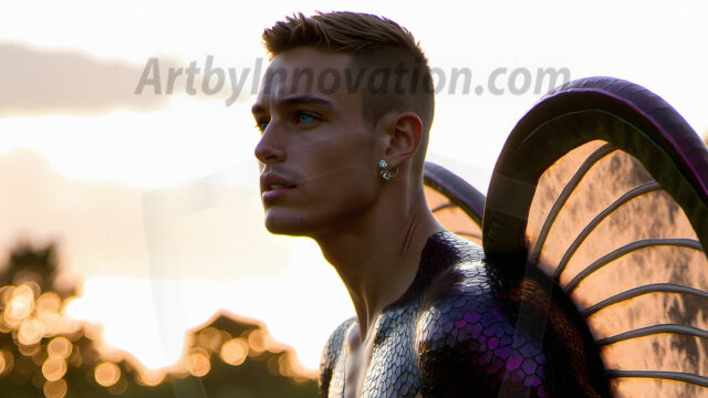 Brought to life through AI, Capturing the Pristine and Elusive Male Fairy. Imagine a realm where handsome shirtless men & boys possess enormous, shimmering crystal wings, vibrant and radiant, capturing and reflecting the light of the environment in a mesmerizing way, and adding a touch of mystery to their intense visage. Outdoors in a fantasy mysterious enchanted realm.