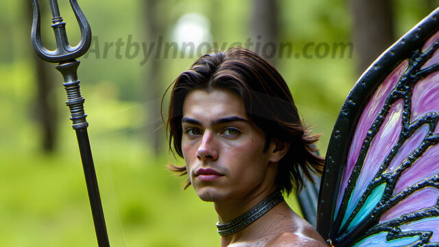 Brought to life through AI, Capturing the Pristine and Elusive Male Fairy. Imagine a realm where handsome shirtless men & boys possess enormous, shimmering crystal wings, vibrant and radiant, capturing and reflecting the light of the environment in a mesmerizing way, and adding a touch of mystery to their intense visage. Outdoors in a fantasy mysterious enchanted realm.