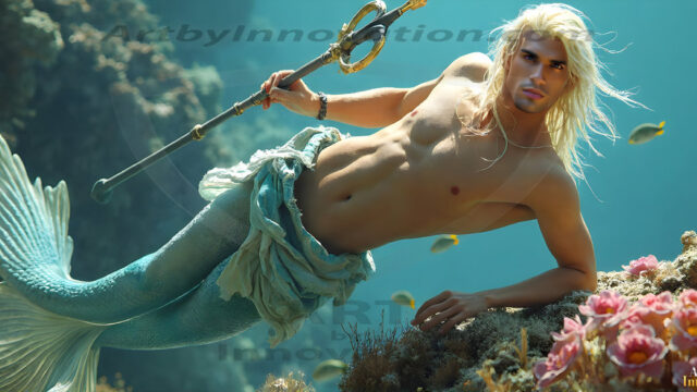 AI-generated HD photos featuring Mermen, The Warriors of the Sea. A collection of over 1,000 AI generated photo images of Mermen Warriors. Shirtless men from all age groups, with slim builds to hot and sexy, muscular body types, and from teenaged boys, to young men, to the handsome Elders. Merman warriors rising from a whirlpool, with a trident in hand, set against a stormy backdrop with dramatic lighting. Vibrant coral reefs, with detailed underwater scenes, highly realistic, with obsidian scales, that shimmer in the sunlight.