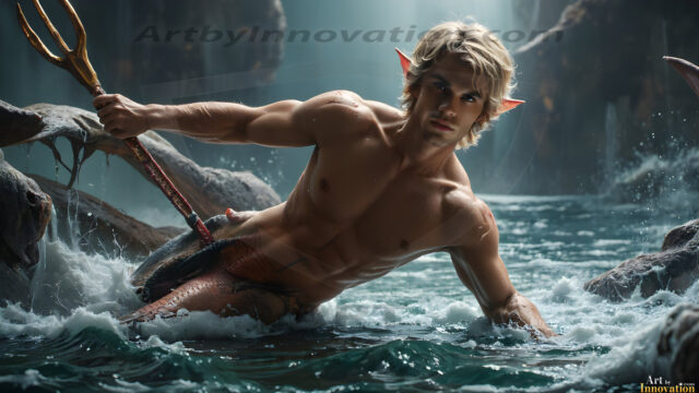 AI-generated HD photos featuring Mermen, The Warriors of the Sea. A collection of over 1,000 AI generated photo images of Mermen Warriors. Shirtless men from all age groups, with slim builds to hot and sexy, muscular body types, and from teenaged boys, to young men, to the handsome Elders. Merman warriors rising from a whirlpool, with a trident in hand, set against a stormy backdrop with dramatic lighting. Vibrant coral reefs, with detailed underwater scenes, highly realistic, with obsidian scales, that shimmer in the sunlight.